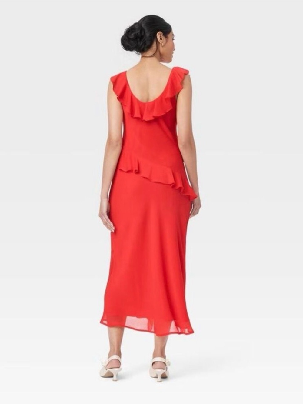 NEW Red Ruffle-Trim Midi Dress Size L - Picture 4 of 4